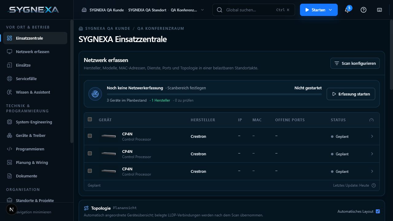 SYGNEXA Einsatzzentrale mit Gerätebestand und Netzwerktopologie